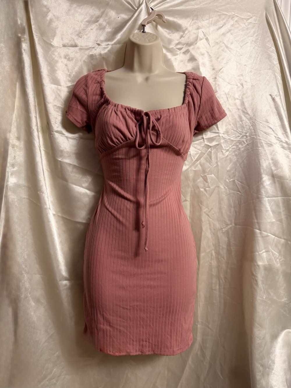 Ribbed Tie-Front Mini Dress in Dusty Rose